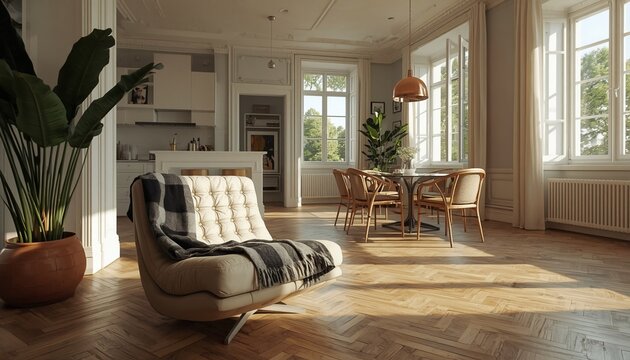 Modern interior design of spacious sunlit living room with wooden parquet and beige armchair