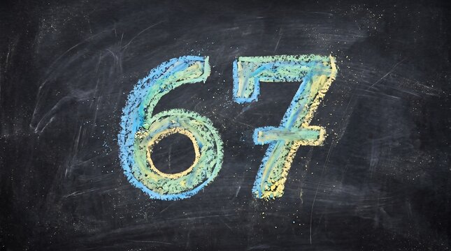 Close-up shot of the number 67 handwritten with blue and yellow chalk on a dark blackboard background conveying an educational mood