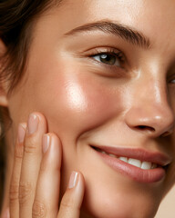 Obraz premium Woman touching her glowing hydrated cheek with fingertips after HydraFacial treatment