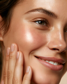 Woman touching her glowing hydrated cheek with fingertips after HydraFacial treatment