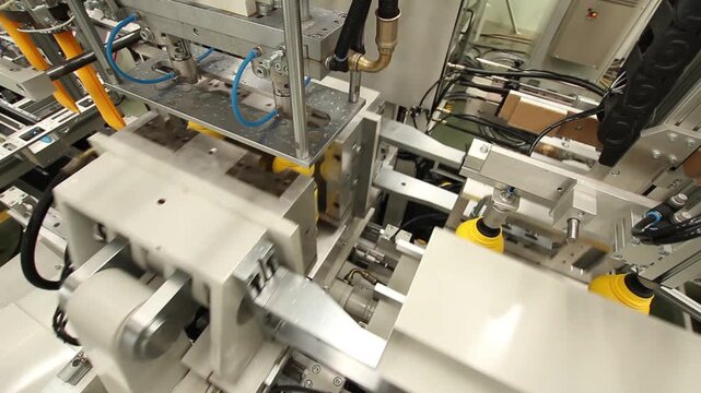 High-angle view of industrial packaging machinery on an assembly line