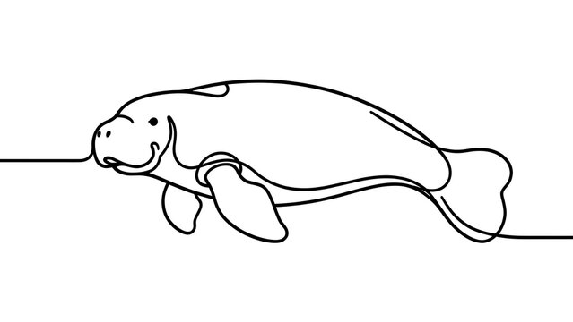 Minimalist manatee line art on white background.