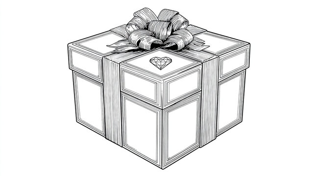 Line drawing of a wrapped gift box with bow and heart line art gift giving black and white