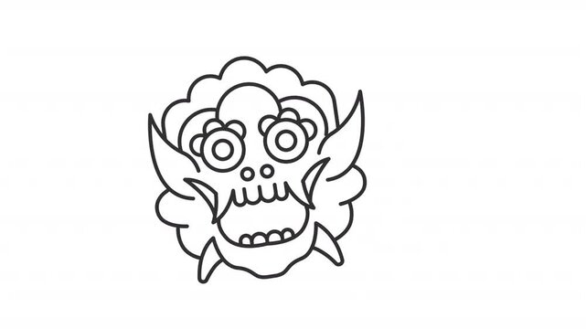 Animated stylized folklore creature line icon. Traditional dragon mask animation. Curved pointed fangs. Floral eyebrow details. Outline element on white background. HD video with alpha channel