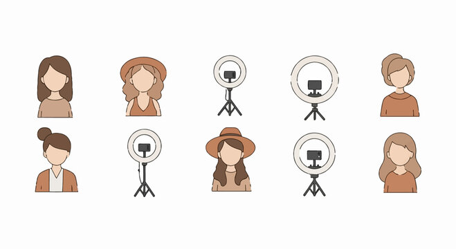 Set of hand drawn female avatars and ring light equipment icons.