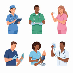 Fototapeta premium Set of diverse medical professionals performing various healthcare tasks.