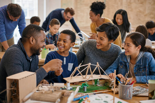 Group of diverse adults and children collaborating on a wooden bridge model in a classroom, hands-on learning, teamwork, and creativity in a makerspace in a bright studio environment.