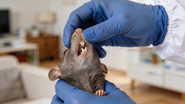 A gloved person carefully examines the mouth and front teeth of a domestic pet rat for health check.