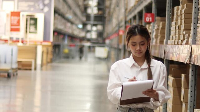Happy Asian woman worker holding a clipboard to check stock at warehouse. Beautiful female staff check inventory on shelves in a wholesale warehouse. Young woman counting and checking stock in store.