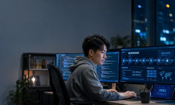 夜のオフィスでサイバーセキュリティ監視を行うITエンジニアの業務風景