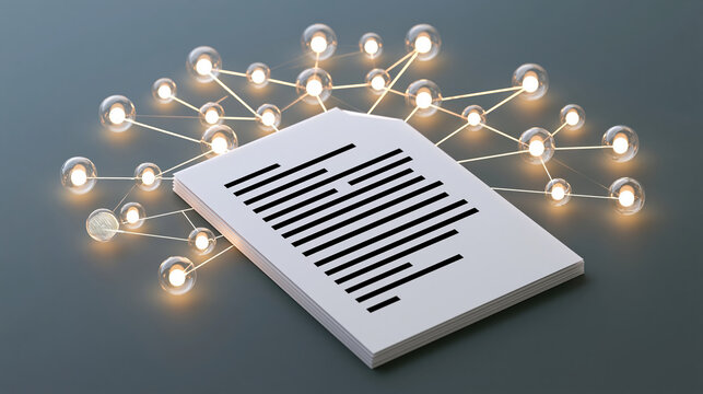 Abstract document with glowing connected light node network on gray background, digital connection concept