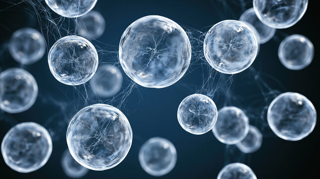 Abstract connection pattern with glowing translucent sphere network on dark background, digital science concept