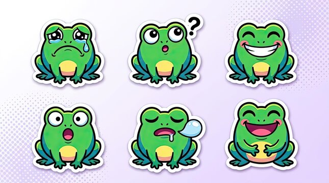 Cute green frog character stickers with various emotional expressions.