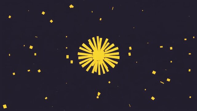 Abstract yellow vector sunburst burst effect exploding outwards on dark background with flat confetti geometric particles and dynamic motion graphic design element