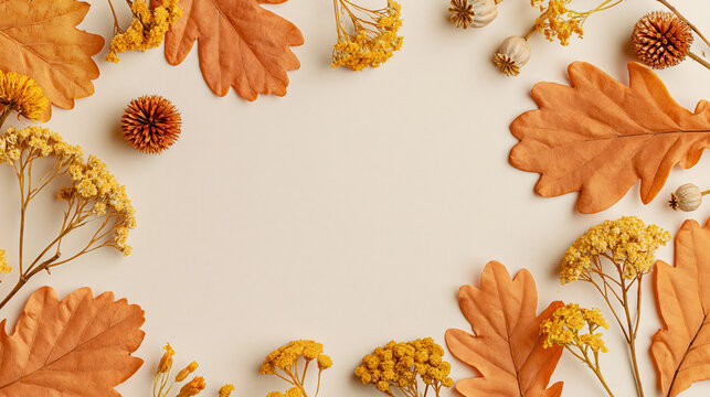 Autumn leaf border with dried orange leaf and yellow flower on beige background, seasonal floral frame, warm tone