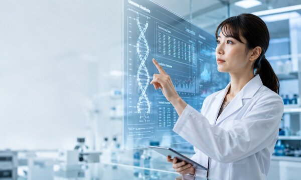 デジタル遺伝子解析データを確認する研究者と先端バイオテクノロジー研究