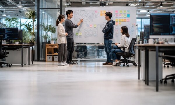 オフィスでホワイトボードを使いプロジェクト会議を行うビジネスチーム