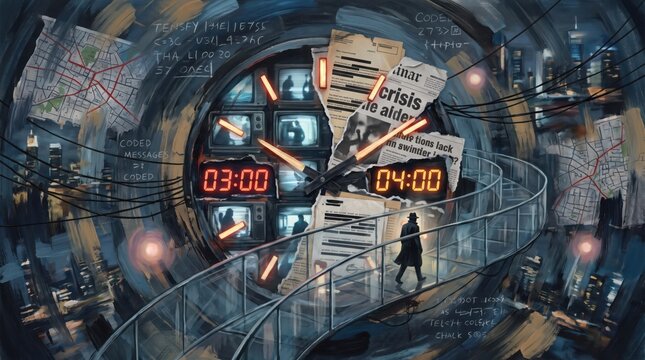 A mysterious detective walking on a circular bridge in a dark, futuristic city with a giant clock face and surveillance screens in the background, noir style digital art