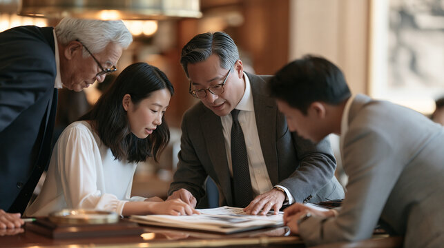 Payroll processing specialist at a polished desk in a luxury firm lobby, reviewing holiday bonus disbursement ledgers with an elder senior partner and junior associate leaning in,