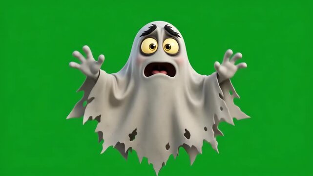 3d cartoon ghost character with a surprised expression isolated on green screen 4k video