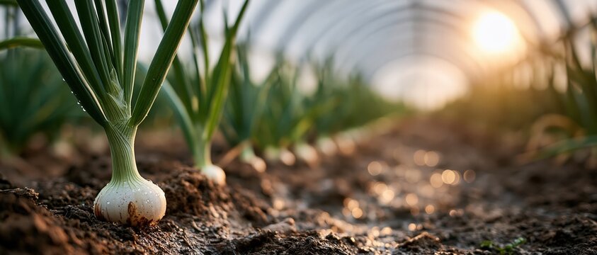 Farmtotable freshness captured at golden hour rows of white onions rooted in rich soil inside a polytunnel greenhouse, glowing with warm sunlight. Perfect for organic food, agriculture, and.