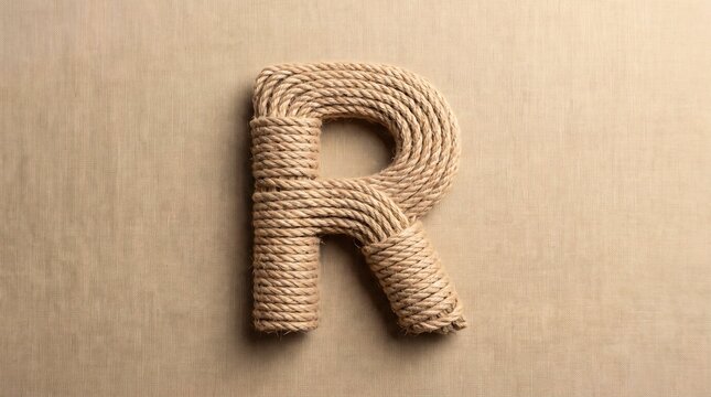 Top view shot of letter R shaped from thick jute rope laid on a textured linen background with warm natural tones conveying a rustic mood