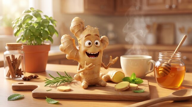A cheerful cartoon ginger root character standing on a wooden cutting board in a cozy kitchen setting with tea and honey