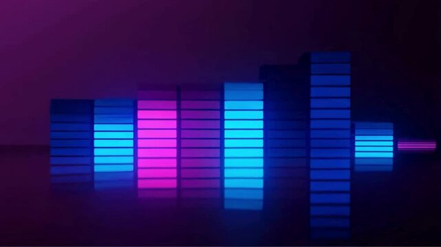 digital equalizer with neon glowing bars in blue, cyan, and magenta standing on a dark purple background.