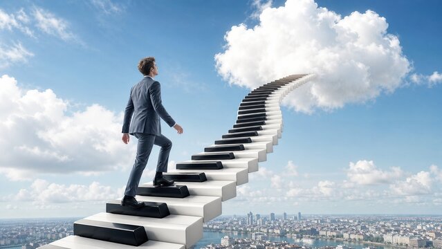 Surreal high-key image of a man climbing floating piano key stairs into a cloud above a city. Whimsical music and motivation concept for creative ads.