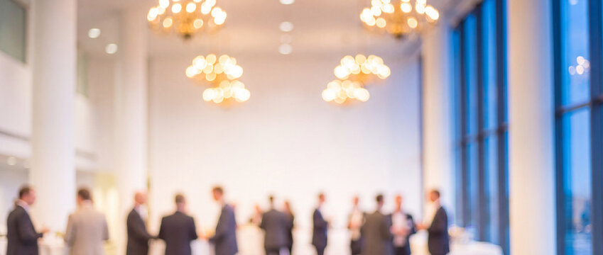 Business conference blurred background with people networking in a luxurious hall with warm chandelier lighting, offering soft bokeh composition for corporate banner design