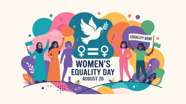 Women equality day vector illustration featuring a diverse group of empowered female characters celebrating unity and progress with vibrant colorful abstract organic shapes and a peaceful white dove 