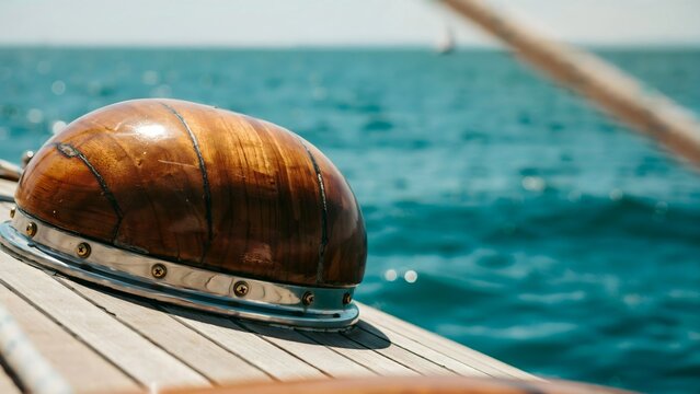 Classic wooden marine buoy resting on boat deck with ocean and sailing boat in background