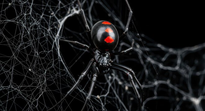 Macro Shot of a Dangerous Black Widow Spider with Red Markings on its Web Against a Dark Background
