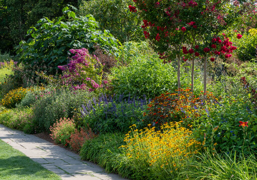 Stunning, colourful mixed flower border at Wisley garden, Surrey UK. The extensive flower beds are planted mainly wtih perennial plants.