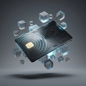 Nfc-enabled banking card emitting digital signal waves, blue gradient background
