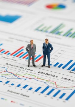 Miniature Businessmen Figures Standing on Financial Charts and Graphs Representing Economic Analysis and Market Research