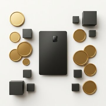 Black titanium card with scattered gold coins and geometric shapes cubes cylinders