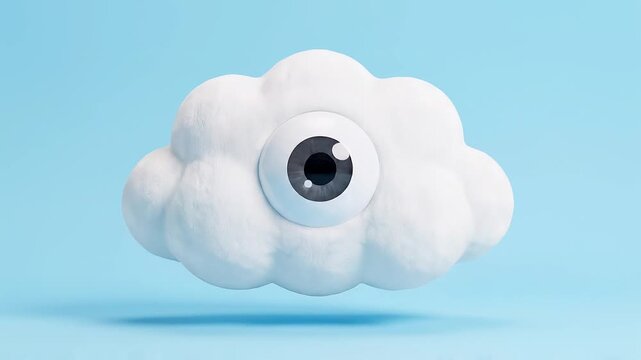 3D cute white cloud character with one big eye floating on a light blue background