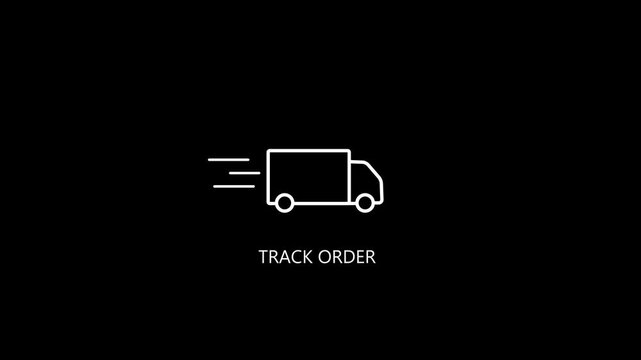 Track order icon animation with moving delivery truck, minimalist line shipping and online shopping interface on black background.