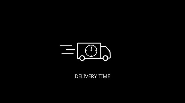 Fast delivery time icon animation with moving truck and clock symbol for e-commerce business and online shopping on black background.