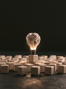 Glowing light bulb on wooden cube among block group business innovation concept creative idea leadership strategy solution vision concept