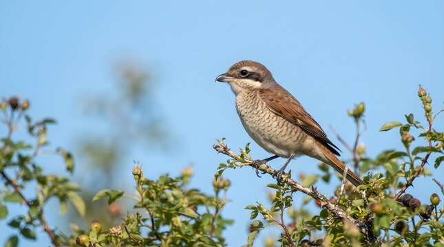  high resolution red backed shrike on branch bast view''