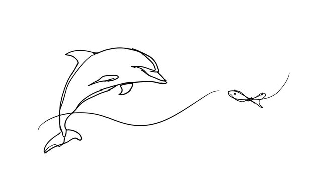 Playful dolphin and fish illustration white background.