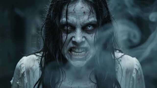 Terrifying possessed woman with glowing eyes and sharp teeth in a dark, smoky hallway 4k video
