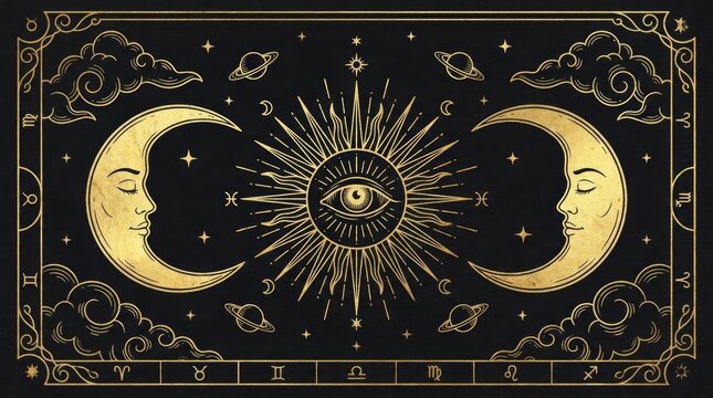 Esoteric sun and crescent moon astrology illustration.