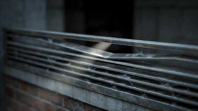 Abandoned vent cover on brick wall with spider webs and weathered metal