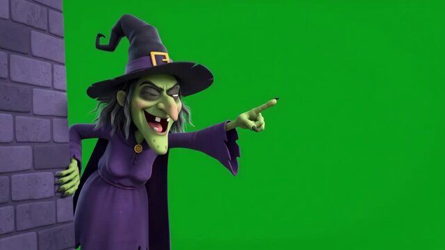 3d cartoon witch character peeking from behind a brick wall on a green screen background 4k video
