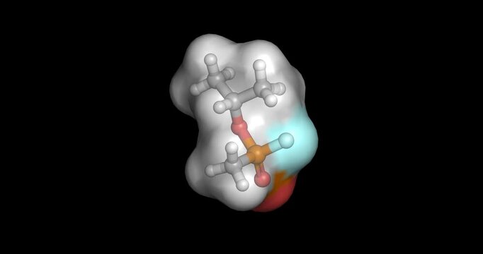 Sarin, organophosphate nerve agent and potent acetylcholinesterase inhibitor, 3D molecule spinning, 4K