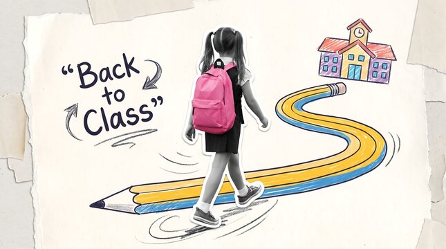 Young schoolgirl with pink backpack walking on a giant pencil towards school, back to class art.