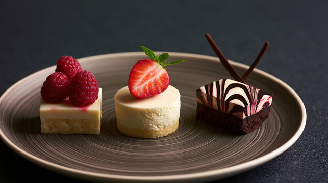 Small dessert plate with three bite size cake pieces, elegant sweet food on dark background